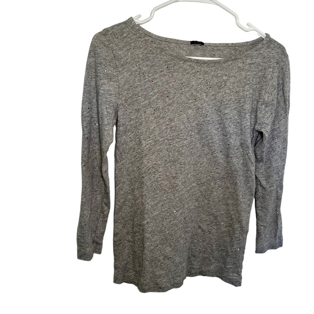 J. Crew Womens Boatneck Knit Top T-Shirt Light Heather Gray Gold Studded 3/4 Slv